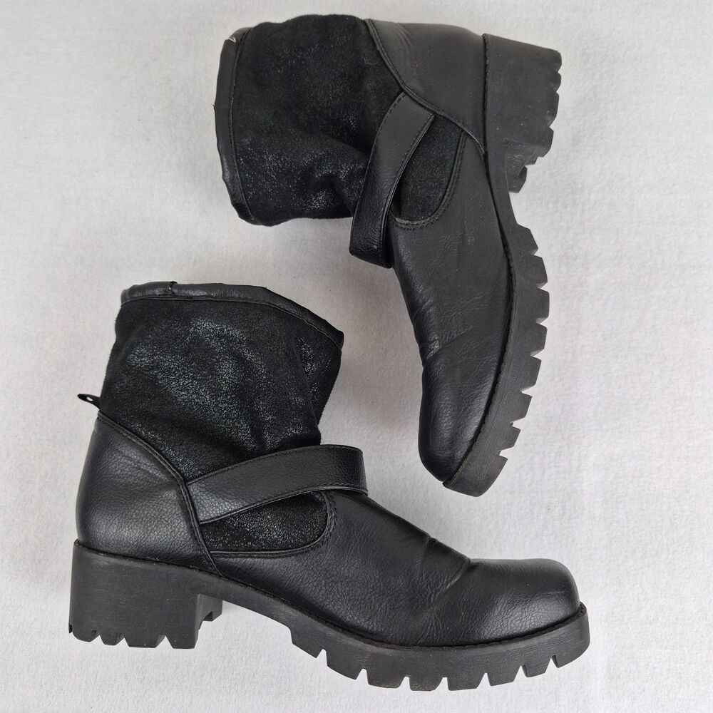 ALDO Black Sz 10 Pull on Lined Boots Chunky Platform Buckle Leather Grunge Goth